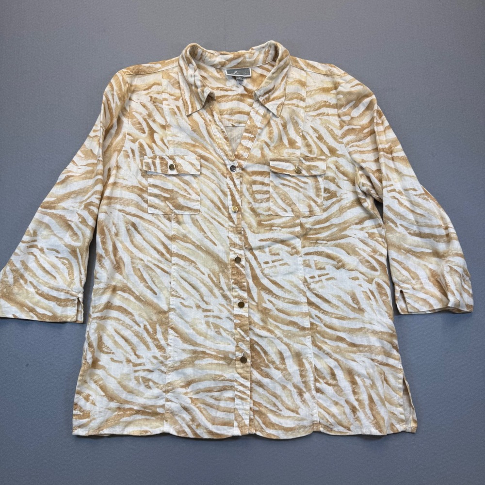 JM‎ Collection 100% Linen Zebra Animal Print Button Up Shirt Brown White 10